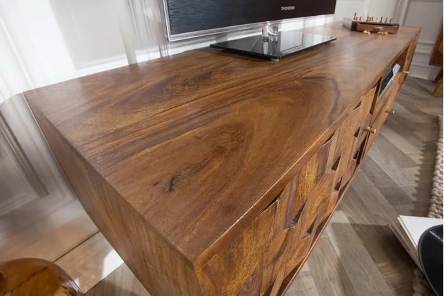 Meuble TV MYSTIC salon 140 cm en bois massif Sheesham – Finition stone 3D