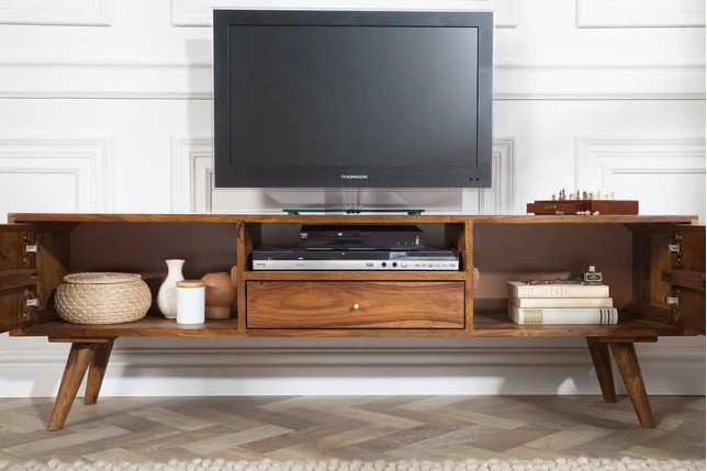 Meuble TV MYSTIC salon 140 cm en bois massif Sheesham – Finition stone 3D