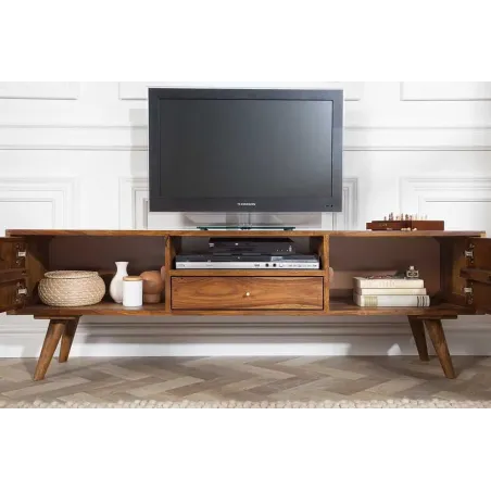 Meuble TV MYSTIC salon 140 cm en bois massif Sheesham – Finition stone 3D