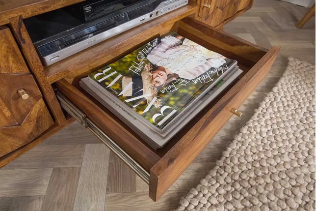 Meuble TV MYSTIC salon 140 cm en bois massif Sheesham – Finition stone 3D