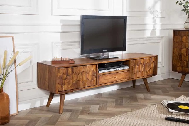Meuble TV MYSTIC salon 140 cm en bois massif Sheesham – Finition stone 3D