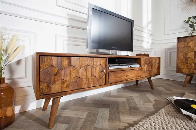 Meuble TV MYSTIC salon 140 cm en bois massif Sheesham – Finition stone 3D