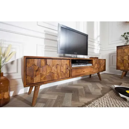 Meuble TV MYSTIC salon 140 cm en bois massif Sheesham – Finition stone 3D