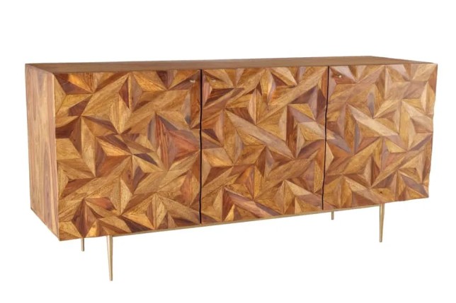 Sideboard en bois massif Sheesham 145 cm – Design 3D artisanal & pieds métal doré mat