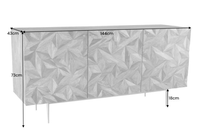 Sideboard en bois massif Sheesham 145 cm – Design 3D artisanal & pieds métal doré mat