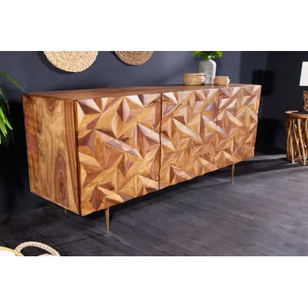 Sideboard en bois massif Sheesham 145 cm – Design 3D artisanal & pieds métal doré mat