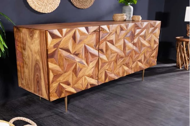 Sideboard en bois massif Sheesham 145 cm – Design 3D artisanal & pieds métal doré mat