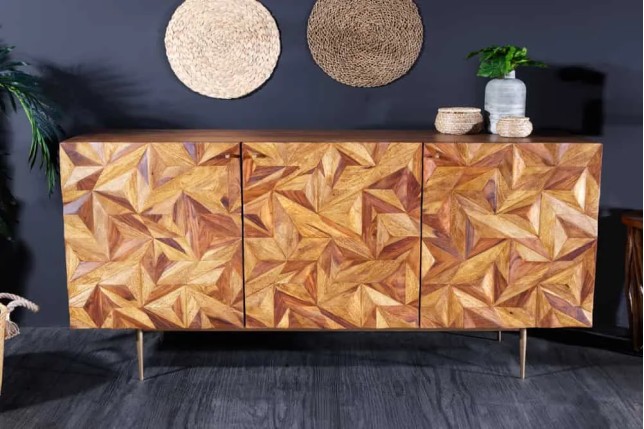 Sideboard en bois massif Sheesham 145 cm – Design 3D artisanal & pieds métal doré mat