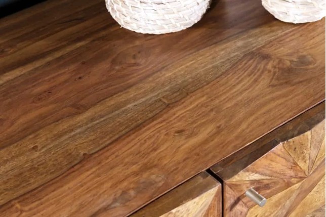 Sideboard en bois massif Sheesham 145 cm – Design 3D artisanal & pieds métal doré mat