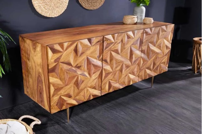 Sideboard en bois massif Sheesham 145 cm – Design 3D artisanal & pieds métal doré mat