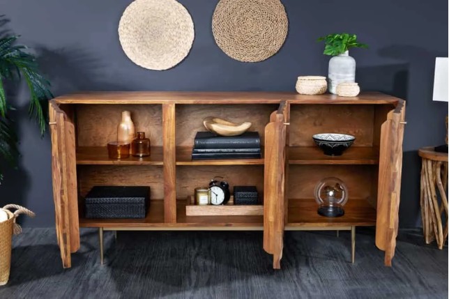 Sideboard en bois massif Sheesham 145 cm – Design 3D artisanal & pieds métal doré mat