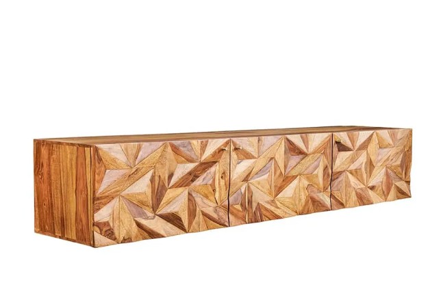Meuble TV suspendu en bois massif Sheesham 160 cm – Design 3D artisanal & poignées doré mat