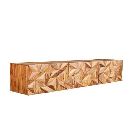 Meuble TV suspendu en bois massif Sheesham 160 cm – Design 3D artisanal & poignées doré mat