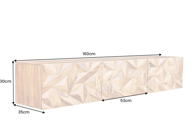 Meuble TV suspendu en bois massif Sheesham 160 cm – Design 3D artisanal & poignées doré mat
