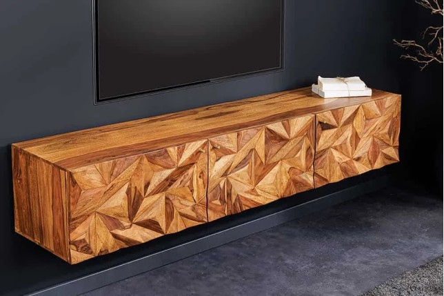 Meuble TV suspendu en bois massif Sheesham 160 cm – Design 3D artisanal & poignées doré mat