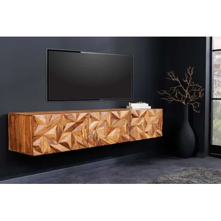 Meuble TV suspendu en bois massif Sheesham 160 cm – Design 3D artisanal & poignées doré mat