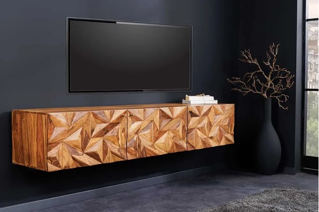 Meuble TV suspendu en bois massif Sheesham 160 cm – Design 3D artisanal & poignées doré mat