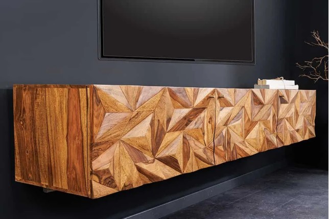 Meuble TV suspendu en bois massif Sheesham 160 cm – Design 3D artisanal & poignées doré mat