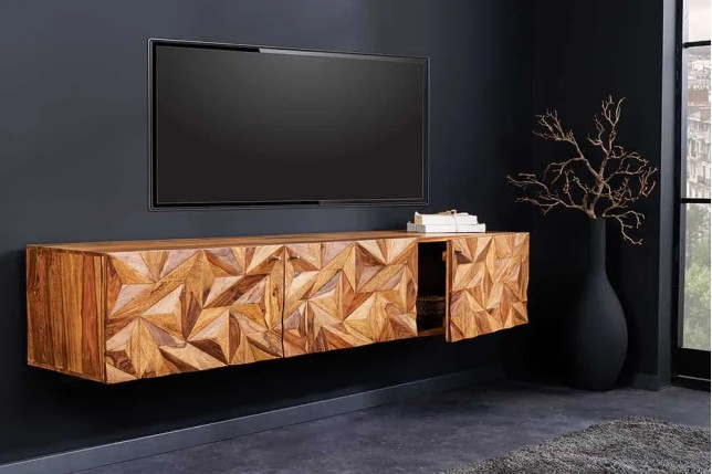 Meuble TV suspendu en bois massif Sheesham 160 cm – Design 3D artisanal & poignées doré mat