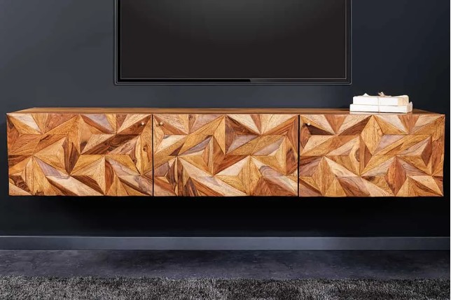 Meuble TV suspendu en bois massif Sheesham 160 cm – Design 3D artisanal & poignées doré mat