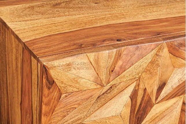 Meuble TV suspendu en bois massif Sheesham 160 cm – Design 3D artisanal & poignées doré mat