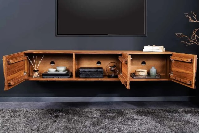 Meuble TV suspendu en bois massif Sheesham 160 cm – Design 3D artisanal & poignées doré mat