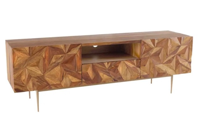 Meuble TV en bois massif Sheesham 160 cm – Design 3D artisanal & pieds doré mat