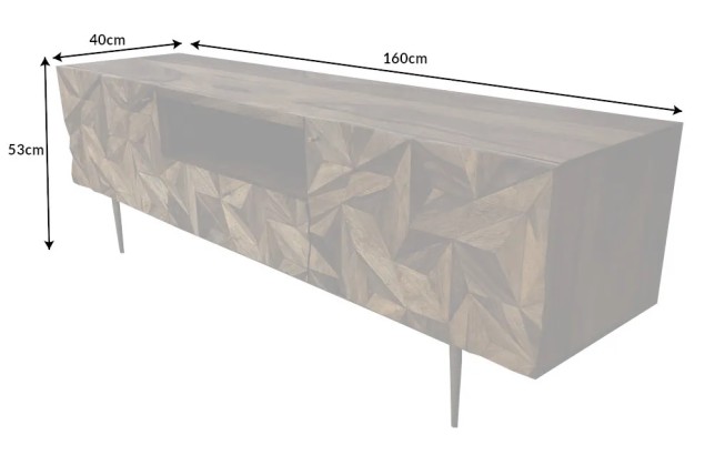 Meuble TV en bois massif Sheesham 160 cm – Design 3D artisanal & pieds doré mat