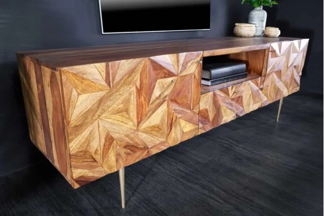 Meuble TV en bois massif Sheesham 160 cm – Design 3D artisanal & pieds doré mat