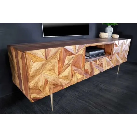Meuble TV en bois massif Sheesham 160 cm – Design 3D artisanal & pieds doré mat
