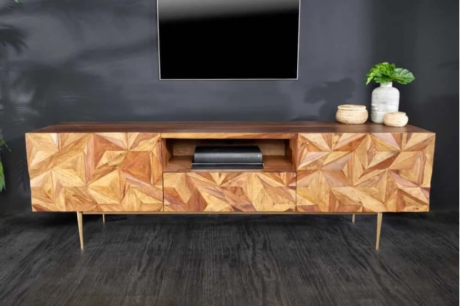 Meuble TV en bois massif Sheesham 160 cm – Design 3D artisanal & pieds doré mat