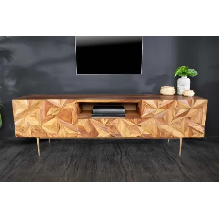 Meuble TV en bois massif Sheesham 160 cm – Design 3D artisanal & pieds doré mat