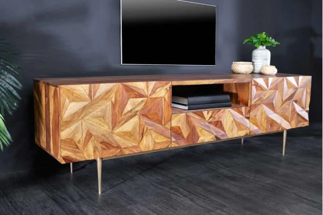 Meuble TV en bois massif Sheesham 160 cm – Design 3D artisanal & pieds doré mat