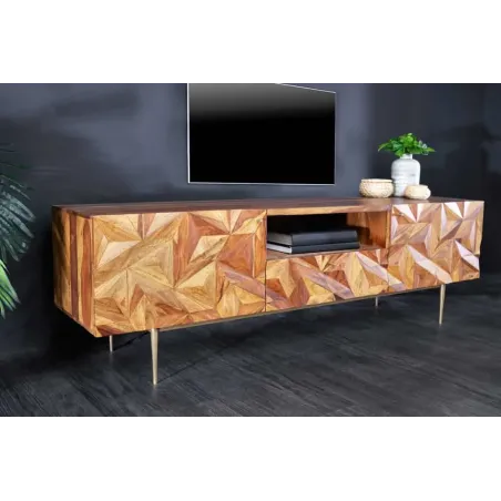 Meuble TV en bois massif Sheesham 160 cm – Design 3D artisanal & pieds doré mat