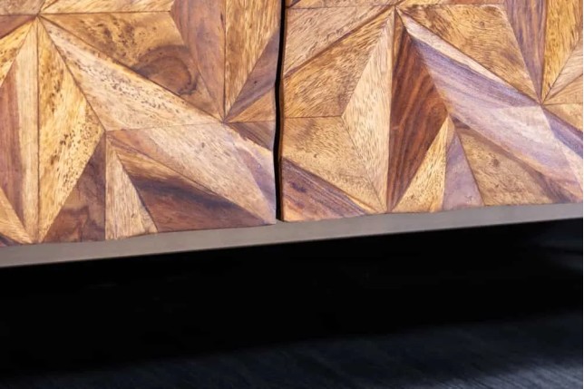 Meuble TV en bois massif Sheesham 160 cm – Design 3D artisanal & pieds doré mat