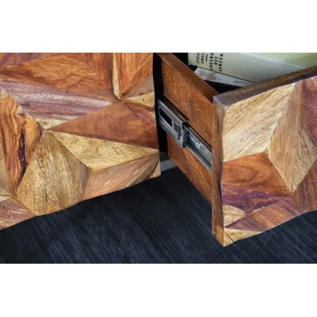 Meuble TV en bois massif Sheesham 160 cm – Design 3D artisanal & pieds doré mat