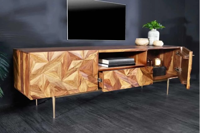 Meuble TV en bois massif Sheesham 160 cm – Design 3D artisanal & pieds doré mat