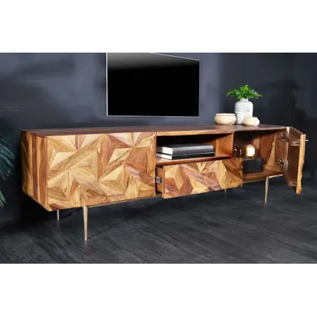 Meuble TV en bois massif Sheesham 160 cm – Design 3D artisanal & pieds doré mat