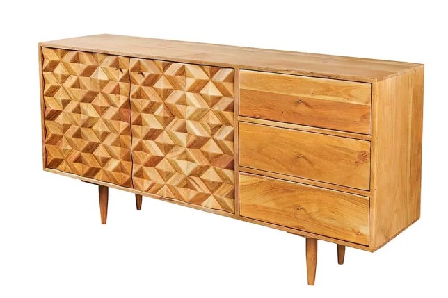 Buffet en bois massif d'acacia 145 cm – Finition miel, design rétro & poignées dorées