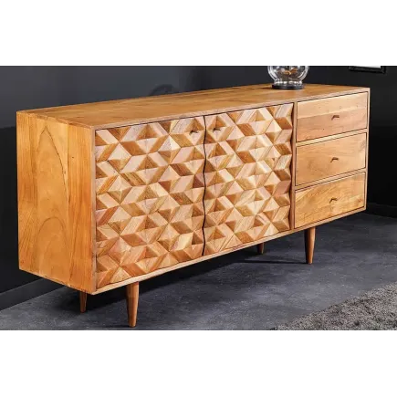 Buffet en bois massif d'acacia 145 cm – Finition miel, design rétro & poignées dorées