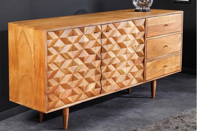 Buffet en bois massif d'acacia 145 cm – Finition miel, design rétro & poignées dorées