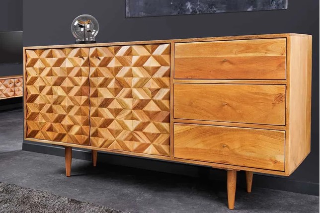 Buffet en bois massif d'acacia 145 cm – Finition miel, design rétro & poignées dorées