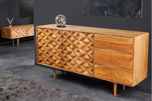 Buffet en bois massif d'acacia 145 cm – Finition miel, design rétro & poignées dorées