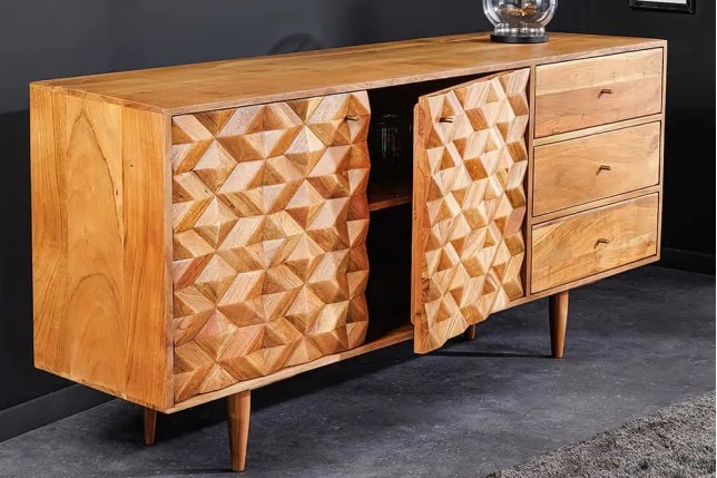 Buffet en bois massif d'acacia 145 cm – Finition miel, design rétro & poignées dorées