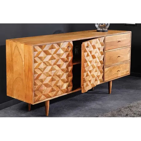 Buffet en bois massif d'acacia 145 cm – Finition miel, design rétro & poignées dorées