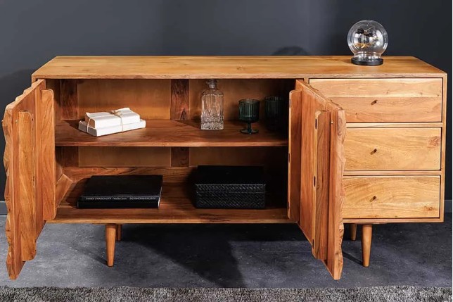 Buffet en bois massif d'acacia 145 cm – Finition miel, design rétro & poignées dorées