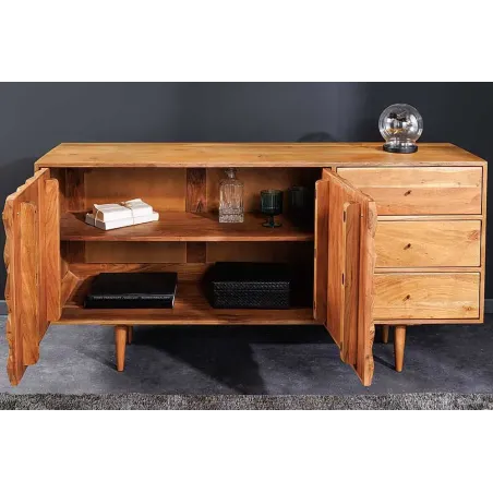 Buffet en bois massif d'acacia 145 cm – Finition miel, design rétro & poignées dorées
