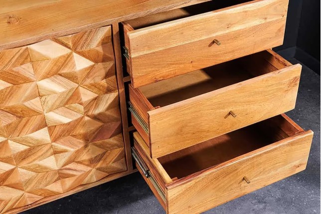 Buffet en bois massif d'acacia 145 cm – Finition miel, design rétro & poignées dorées