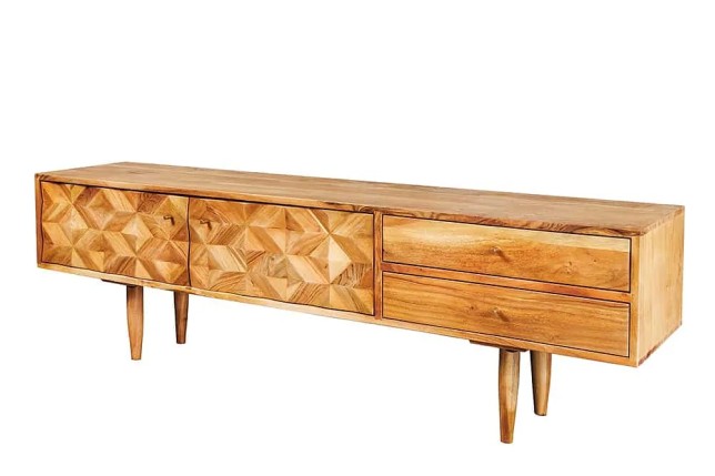 Meuble TV en bois massif d’acacia 145 cm – Finition miel rétro avec poignées dorées