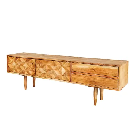 Meuble TV en bois massif d’acacia 145 cm – Finition miel rétro avec poignées dorées